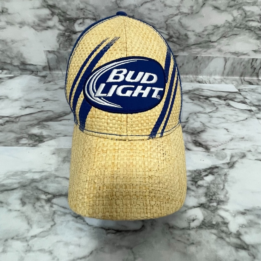 Bud Light Beer Hat Cap Men's One Size Blue Beige‎ Straw Front Snapback Trucker
